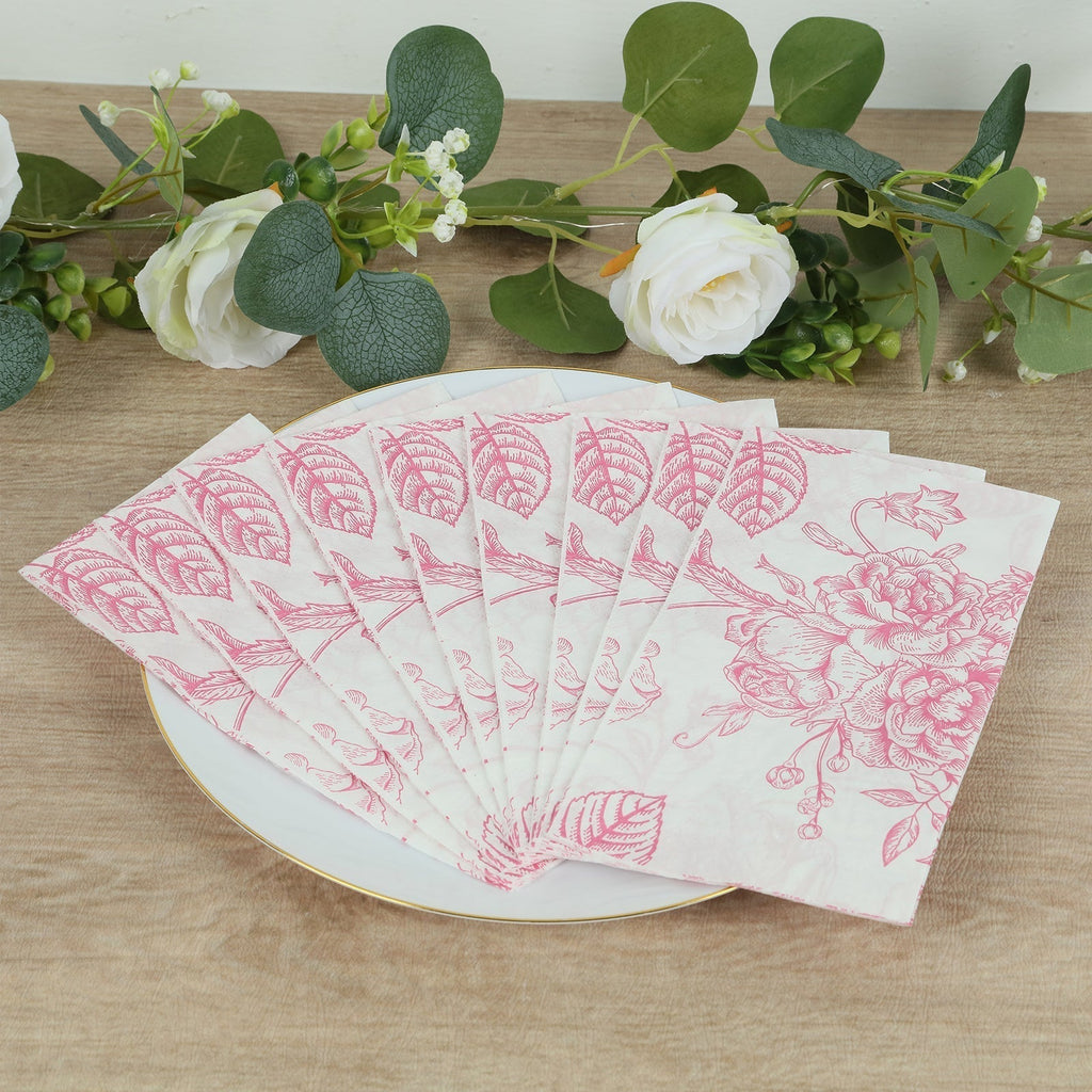 50 Pack 2 - Ply Paper Party Napkins in French Toile Floral Pattern, Matte Pink and White Highly Absorbent Soft Disposable Dinner Napkins - Bell Racket Store