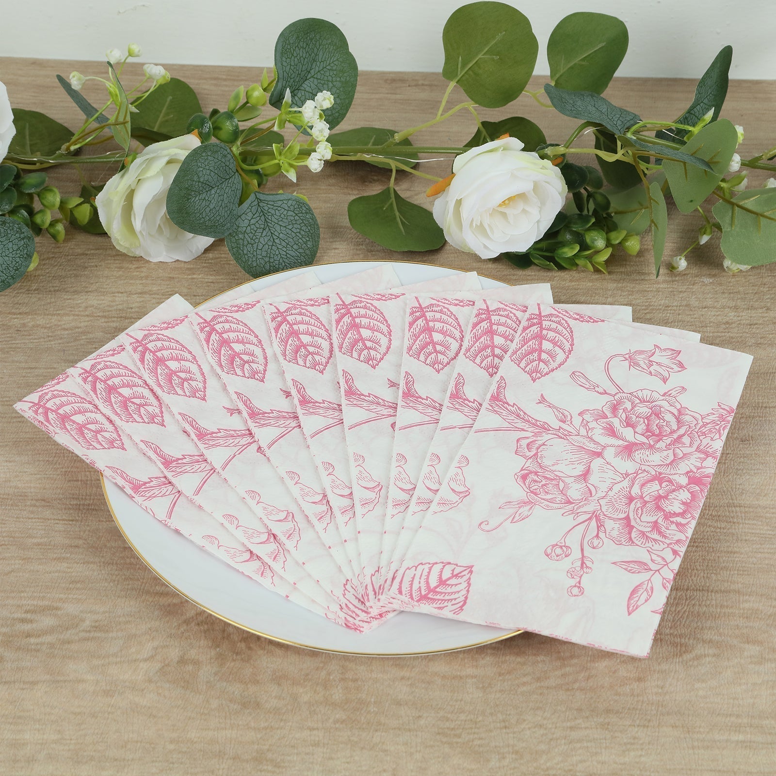 50 Pack 2 - Ply Paper Party Napkins in French Toile Floral Pattern, Matte Pink and White Highly Absorbent Soft Disposable Dinner Napkins - Bell Racket Store
