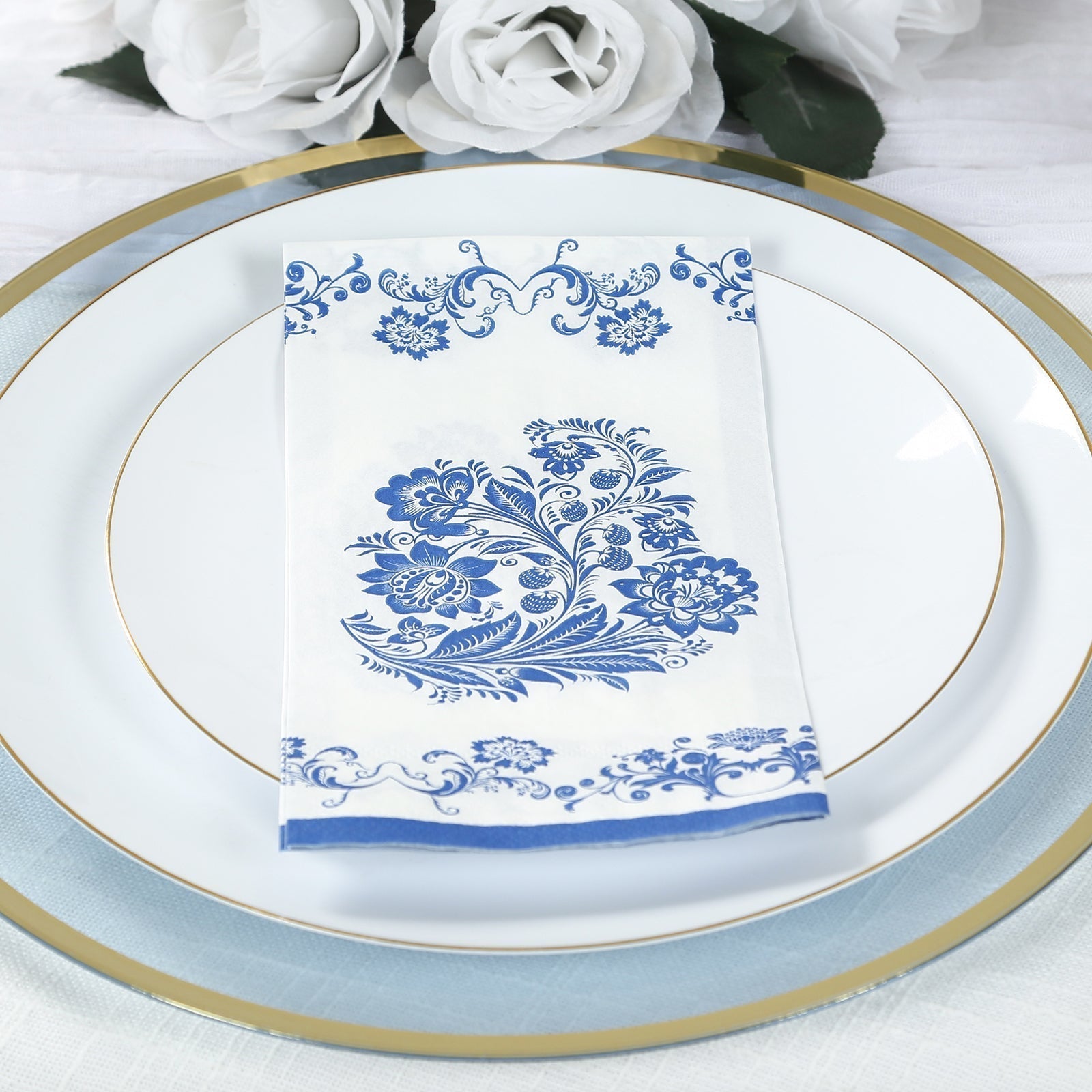 50 Pack 2 - Ply Paper Party Napkins in White Royal Blue Damask Floral Pattern, Disposable Dinner Napkins - Highly Absorbent & Soft - Bell Racket Store