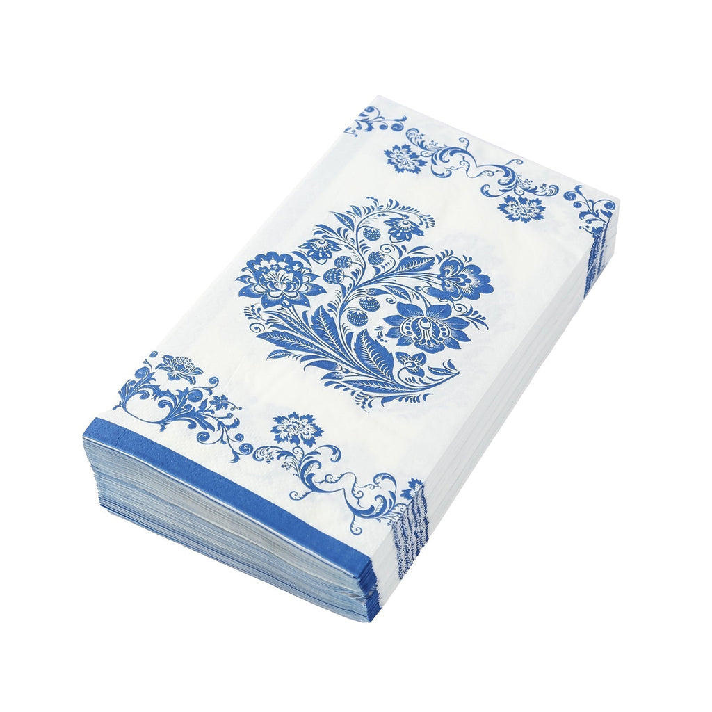 50 Pack 2 - Ply Paper Party Napkins in White Royal Blue Damask Floral Pattern, Disposable Dinner Napkins - Highly Absorbent & Soft - Bell Racket Store