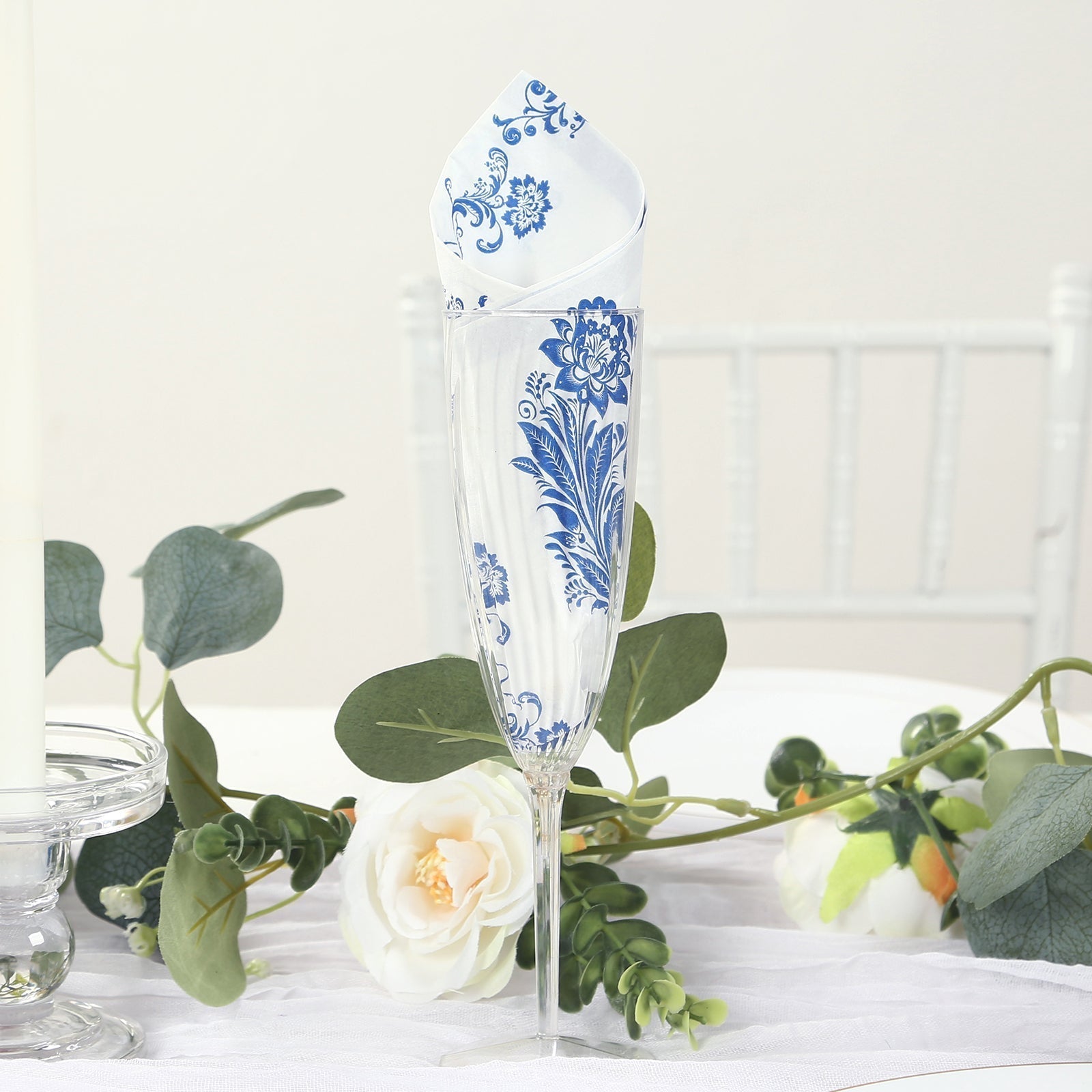 50 Pack 2 - Ply Paper Party Napkins in White Royal Blue Damask Floral Pattern, Disposable Dinner Napkins - Highly Absorbent & Soft - Bell Racket Store