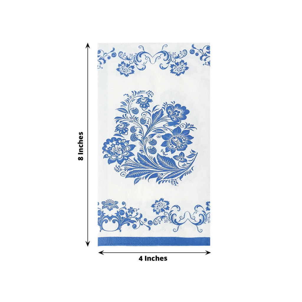 50 Pack 2 - Ply Paper Party Napkins in White Royal Blue Damask Floral Pattern, Disposable Dinner Napkins - Highly Absorbent & Soft - Bell Racket Store
