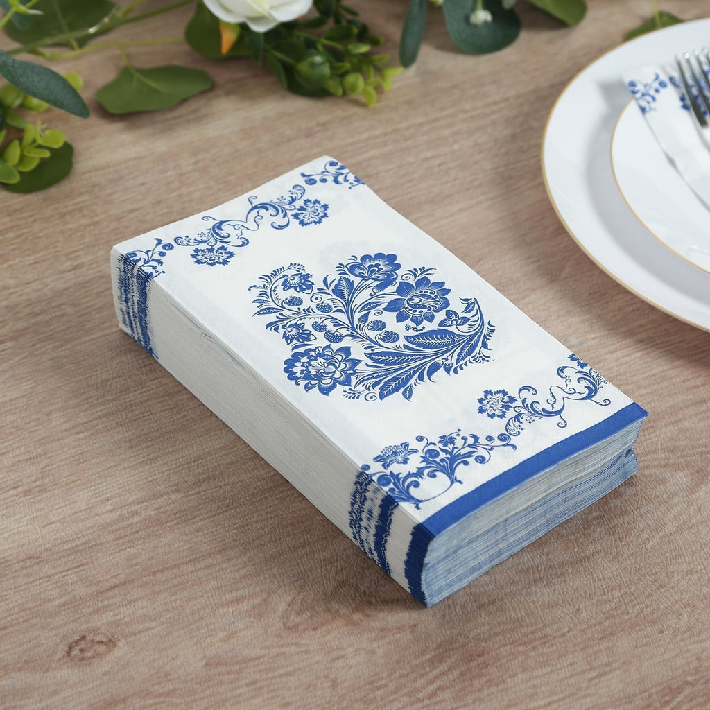 50 Pack 2 - Ply Paper Party Napkins in White Royal Blue Damask Floral Pattern, Disposable Dinner Napkins - Highly Absorbent & Soft - Bell Racket Store