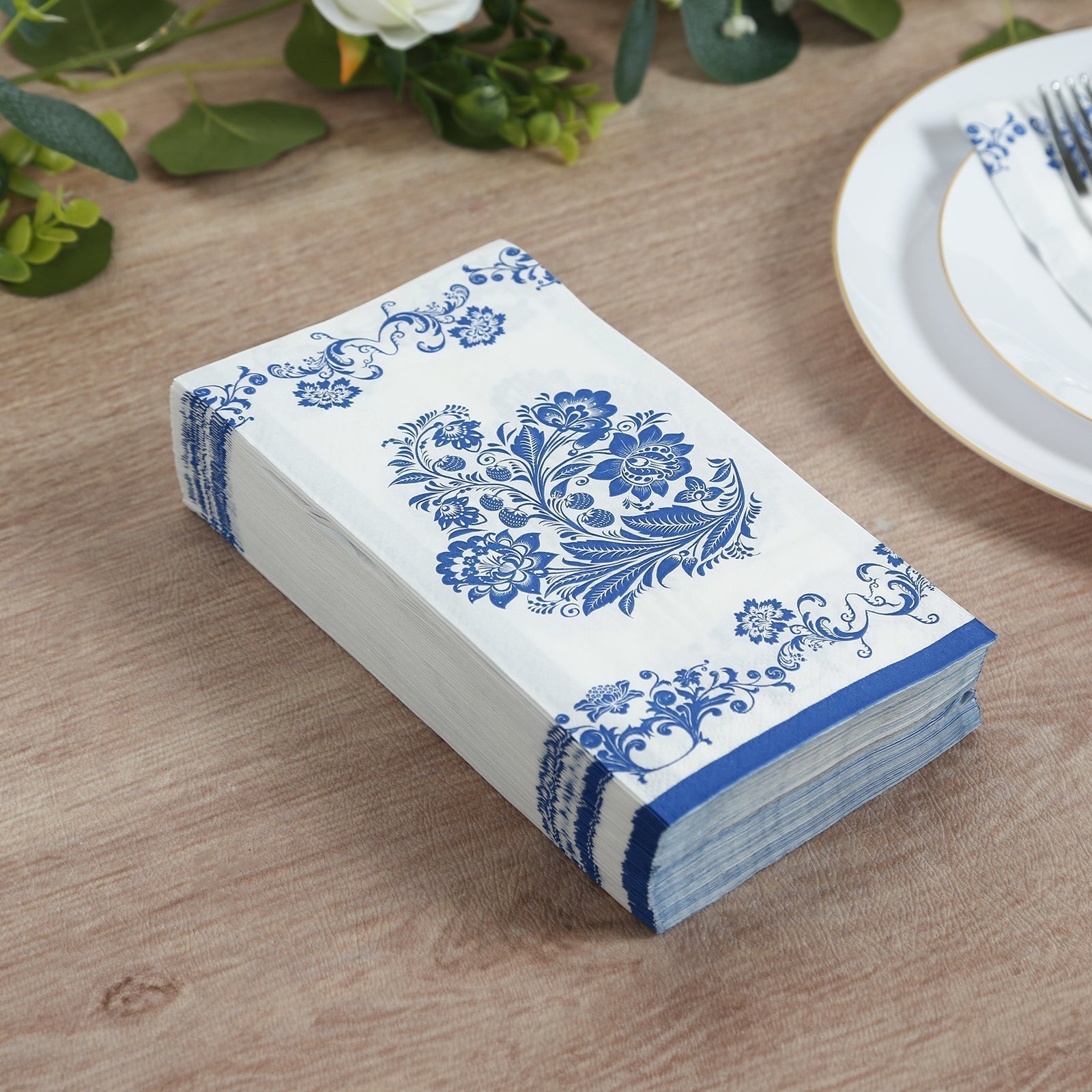 50 Pack 2 - Ply Paper Party Napkins in White Royal Blue Damask Floral Pattern, Disposable Dinner Napkins - Highly Absorbent & Soft - Bell Racket Store