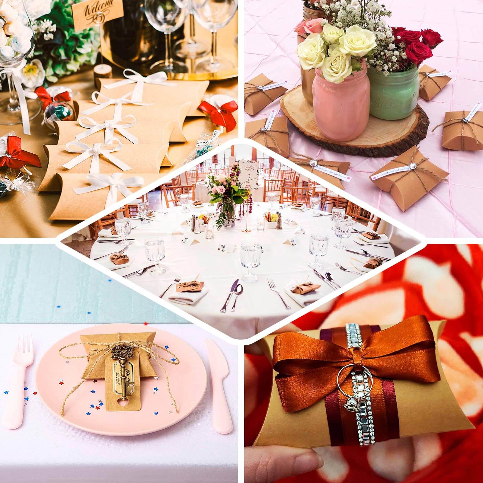 50 Pack 4.5"x3.5" Natural Brown Paper Wedding Favor Pillow Boxes with Burlap Twine, Party Gift Boxes - Bell Racket Store