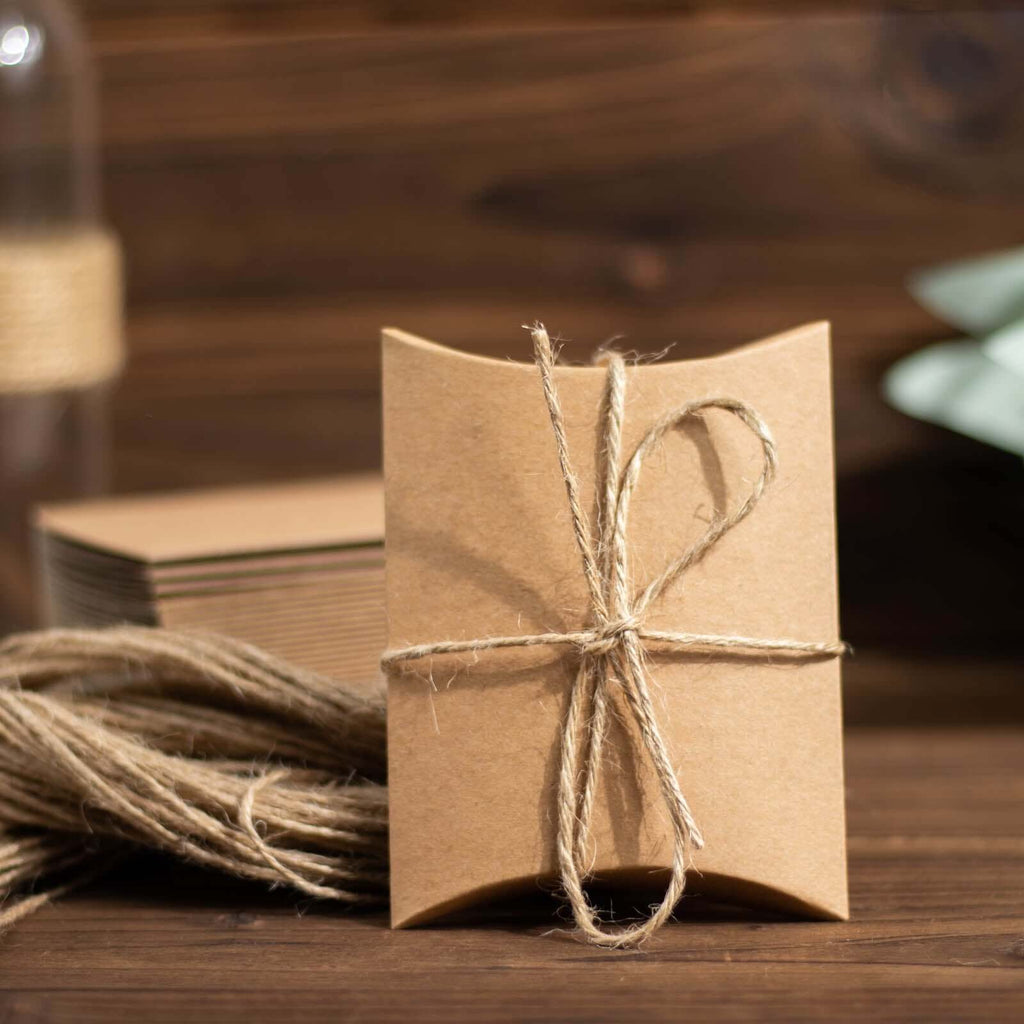 50 Pack 4.5"x3.5" Natural Brown Paper Wedding Favor Pillow Boxes with Burlap Twine, Party Gift Boxes - Bell Racket Store