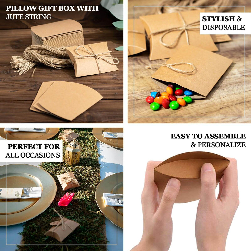50 Pack 4.5"x3.5" Natural Brown Paper Wedding Favor Pillow Boxes with Burlap Twine, Party Gift Boxes - Bell Racket Store
