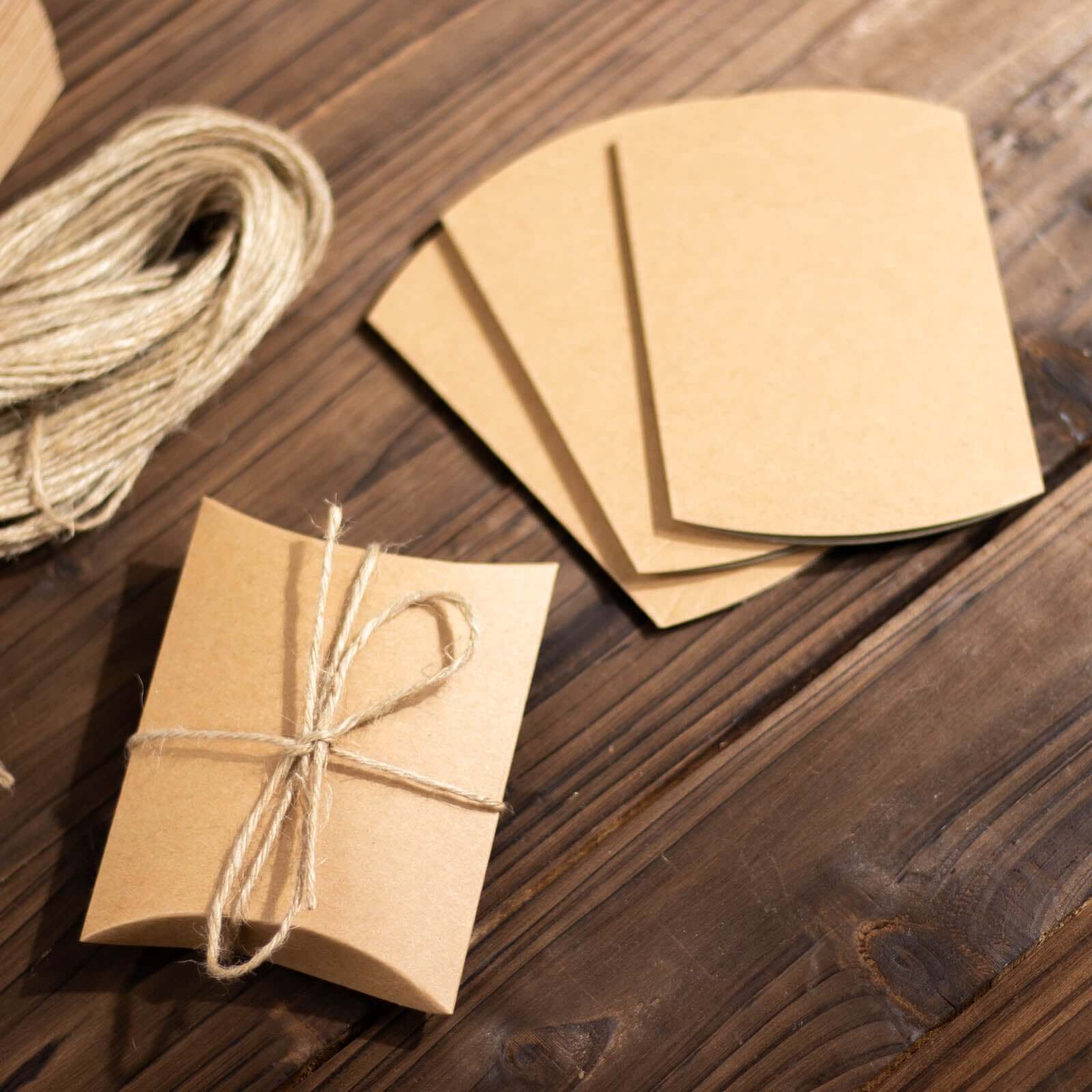 50 Pack 4.5"x3.5" Natural Brown Paper Wedding Favor Pillow Boxes with Burlap Twine, Party Gift Boxes - Bell Racket Store