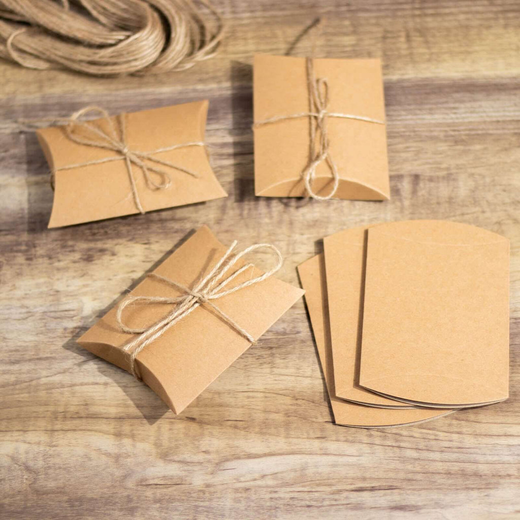 50 Pack 4.5"x3.5" Natural Brown Paper Wedding Favor Pillow Boxes with Burlap Twine, Party Gift Boxes - Bell Racket Store