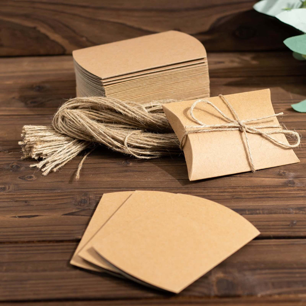 50 Pack 4.5"x3.5" Natural Brown Paper Wedding Favor Pillow Boxes with Burlap Twine, Party Gift Boxes - Bell Racket Store