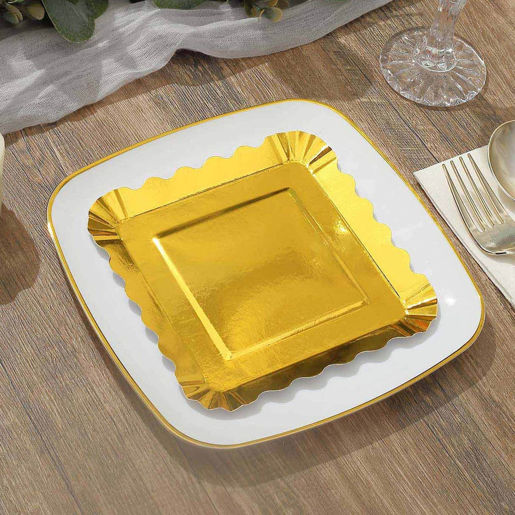 50-Pack Paper 5" Square Dessert Plates in Gold Foil with Scalloped Rim - Disposable Appetizer Plates for for Glam Gatherings & Special Occasions