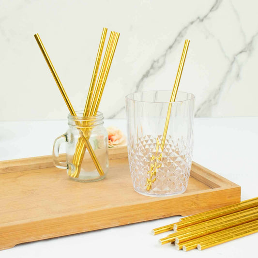 50-Pack Paper Drinking Straws Metallic Gold Foil Food Grade - Disposable Biodegradable Straws for Events 8"