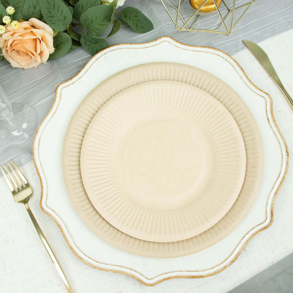 50-Pack Bagasse 8" Round Dessert Plates in Natural with Ribbed Rim