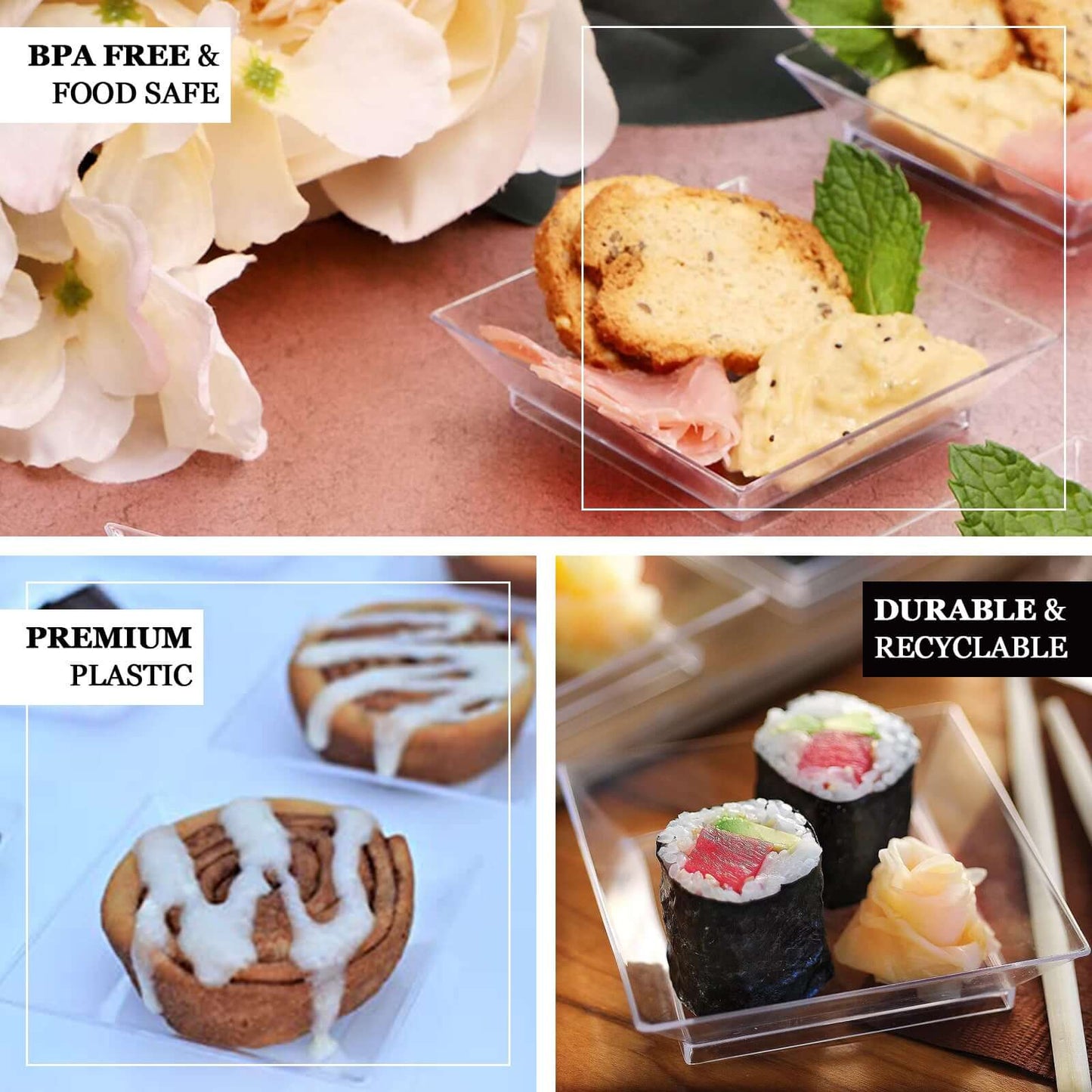 50 - Pack Appetizer Plates Modern Square Design Clear - Plastic Disposable Bowls for Desserts 2" - NestOCart