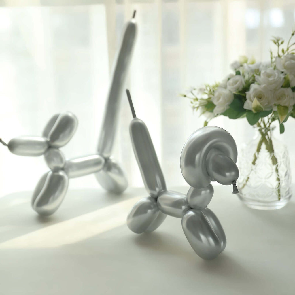 50 Pack Assorted Metallic Silver Long Latex Balloons For Twisting Magic, Animal Modelling Party Balloons - Bell Racket Store