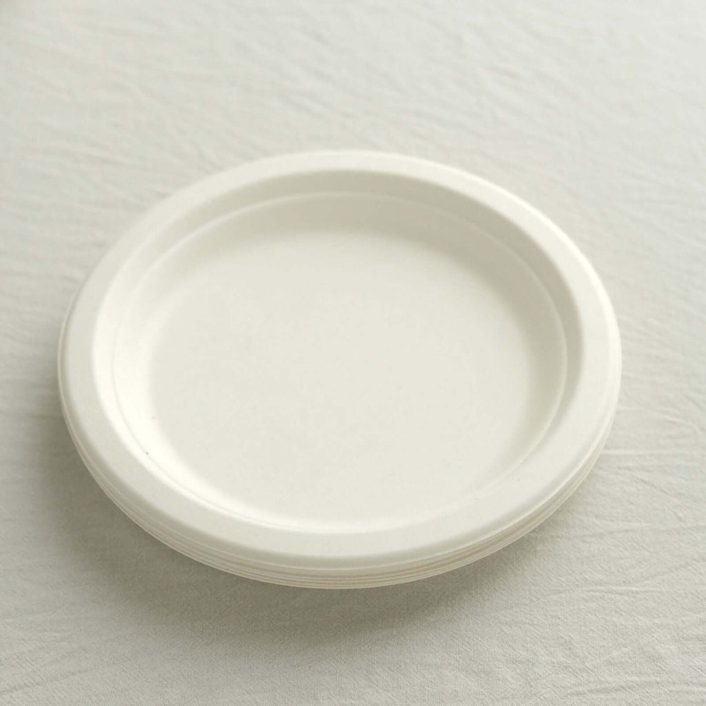 50 - Pack Bagasse 7" Round Dessert Plates in White - Biodegradable Disposable Sugarcane Appetizer Salad Plates for Outdoor Celebrations & Picnics - Bell Racket Store