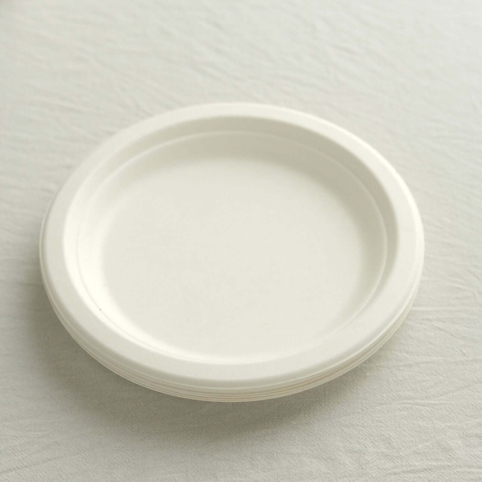50 - Pack Bagasse 7" Round Dessert Plates in White - Biodegradable Disposable Sugarcane Appetizer Salad Plates for Outdoor Celebrations & Picnics - Bell Racket Store