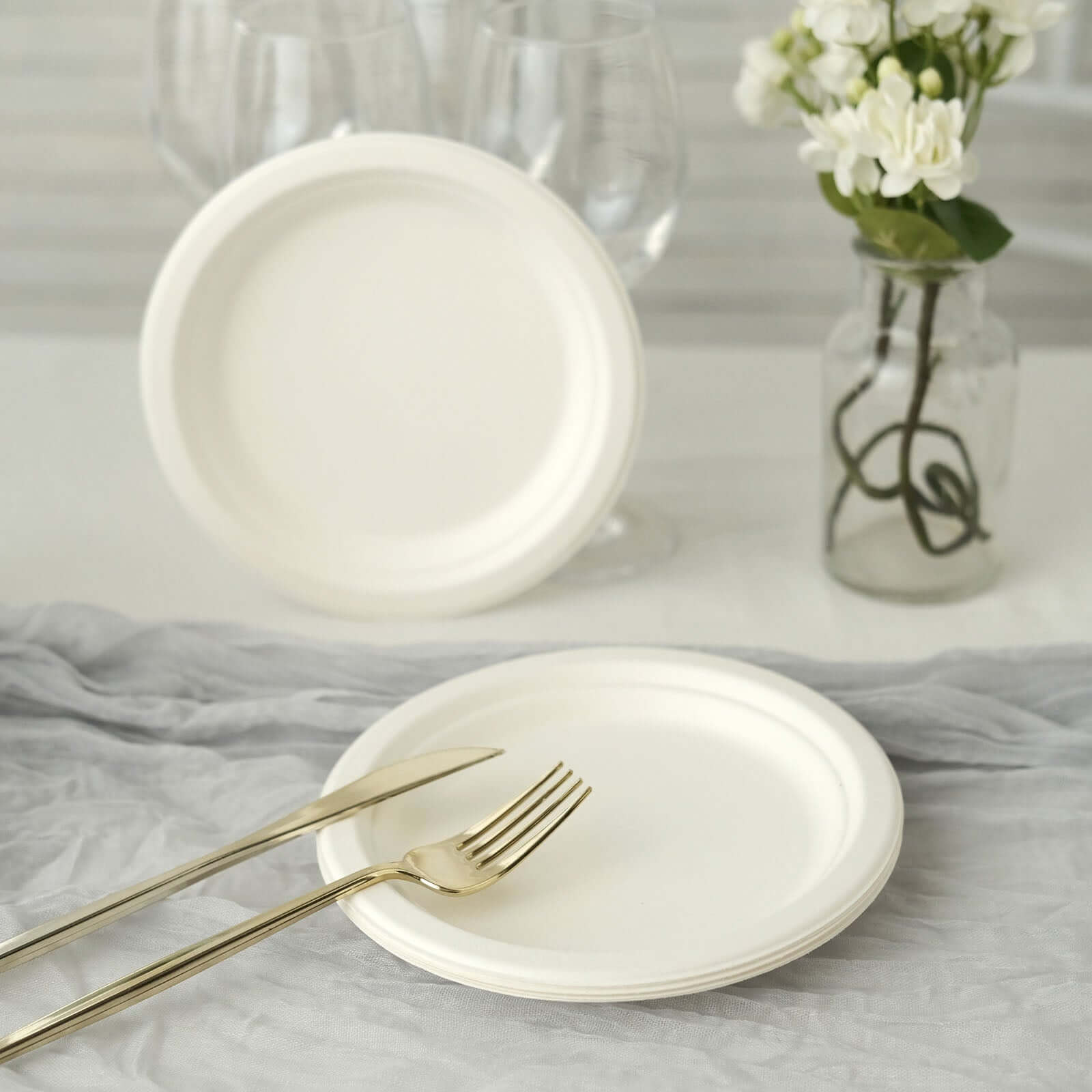 50 - Pack Bagasse 7" Round Dessert Plates in White - Biodegradable Disposable Sugarcane Appetizer Salad Plates for Outdoor Celebrations & Picnics - Bell Racket Store