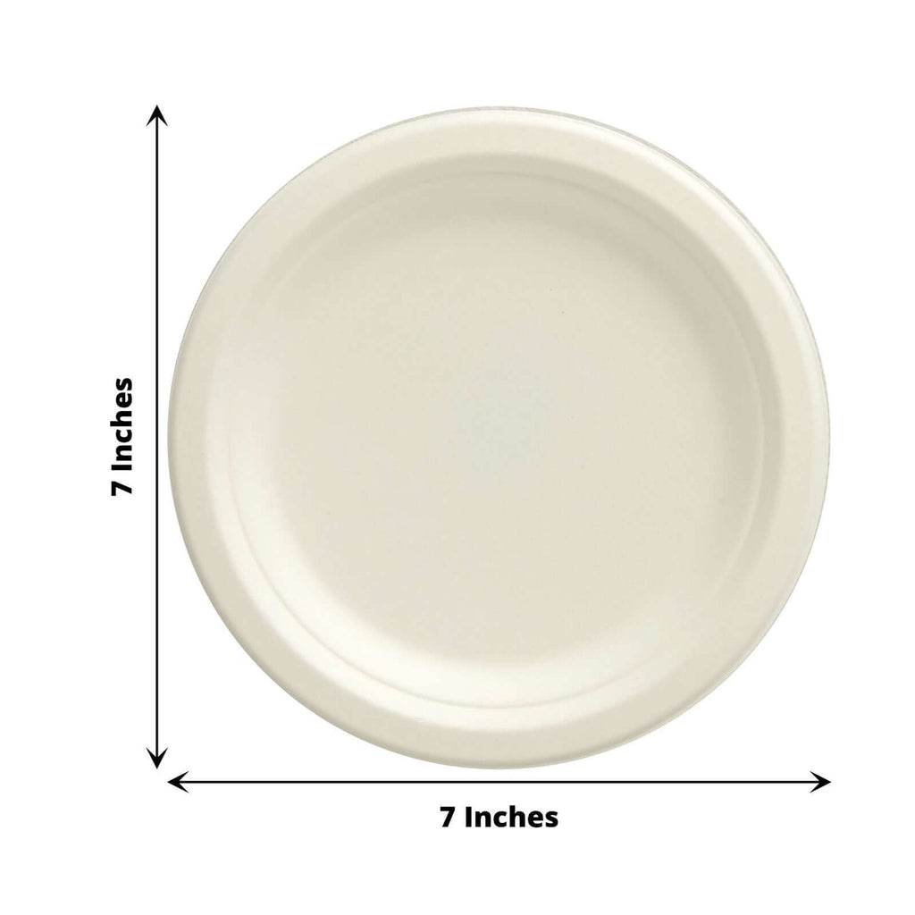 50 - Pack Bagasse 7" Round Dessert Plates in White - Biodegradable Disposable Sugarcane Appetizer Salad Plates for Outdoor Celebrations & Picnics - Bell Racket Store