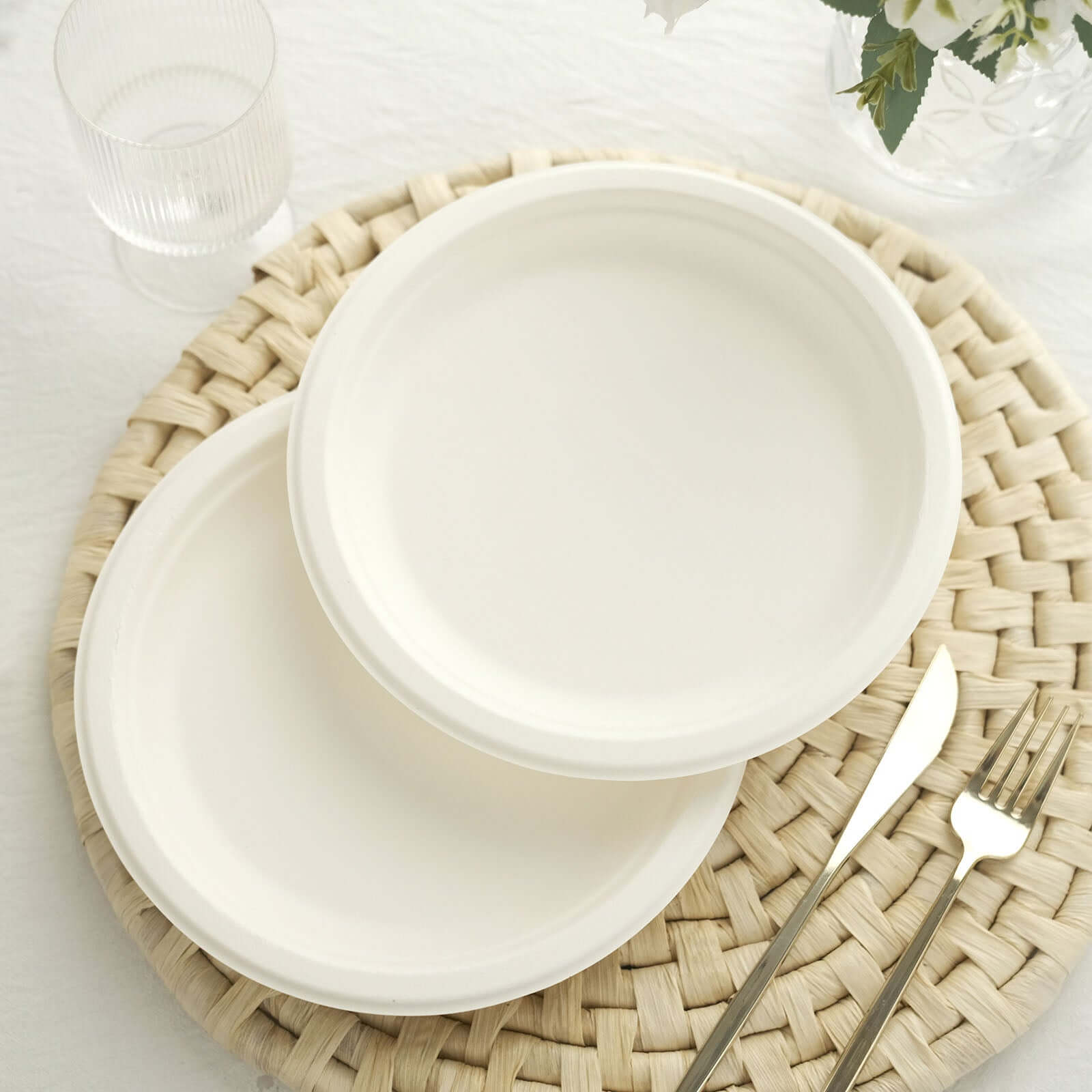 50 - Pack Bagasse 9" Round Dinner Plates in White Biodegradable - Biodegradable Disposable Sugarcane Party Plates for Outdoor Celebrations & Picnics - Bell Racket Store