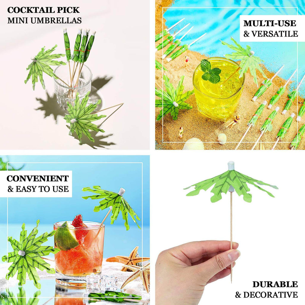 50 - Pack Bamboo Cocktail Picks Tropical Leaf Parasol Design Green - Eco Friendly Disposable Drink Stick 6" - Bell Racket Store