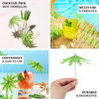 50 - Pack Bamboo Cocktail Picks Tropical Leaf Parasol Design Green - Eco Friendly Disposable Drink Stick 6" - Bell Racket Store