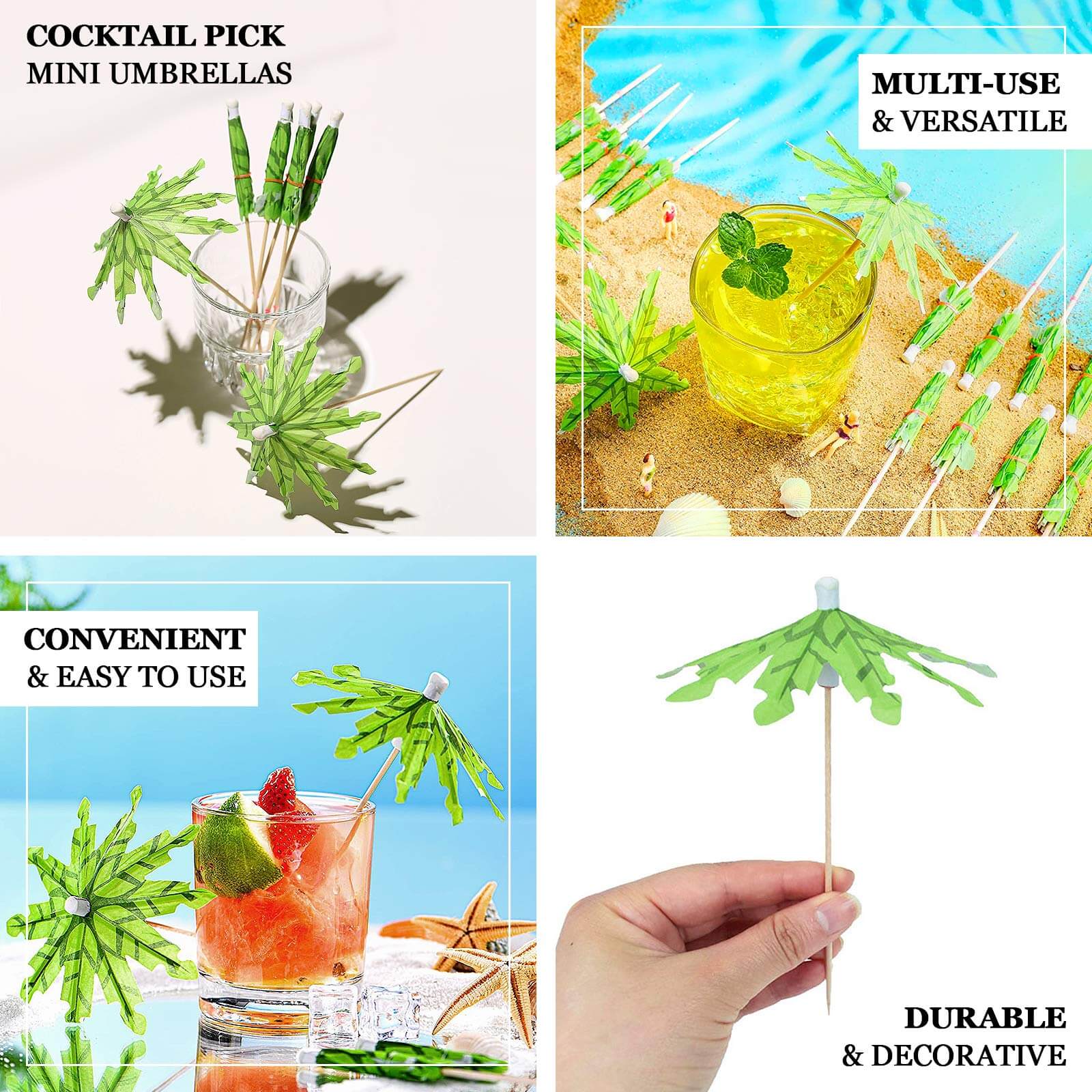 50 - Pack Bamboo Cocktail Picks Tropical Leaf Parasol Design Green - Eco Friendly Disposable Drink Stick 6" - Bell Racket Store