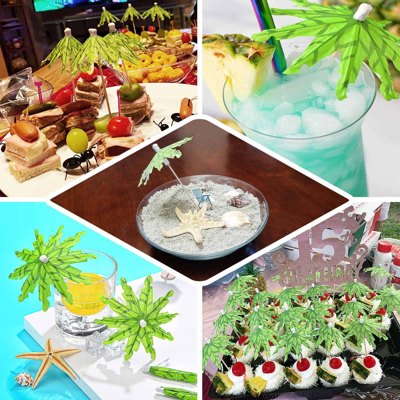 50 - Pack Bamboo Cocktail Picks Tropical Leaf Parasol Design Green - Eco Friendly Disposable Drink Stick 6" - Bell Racket Store