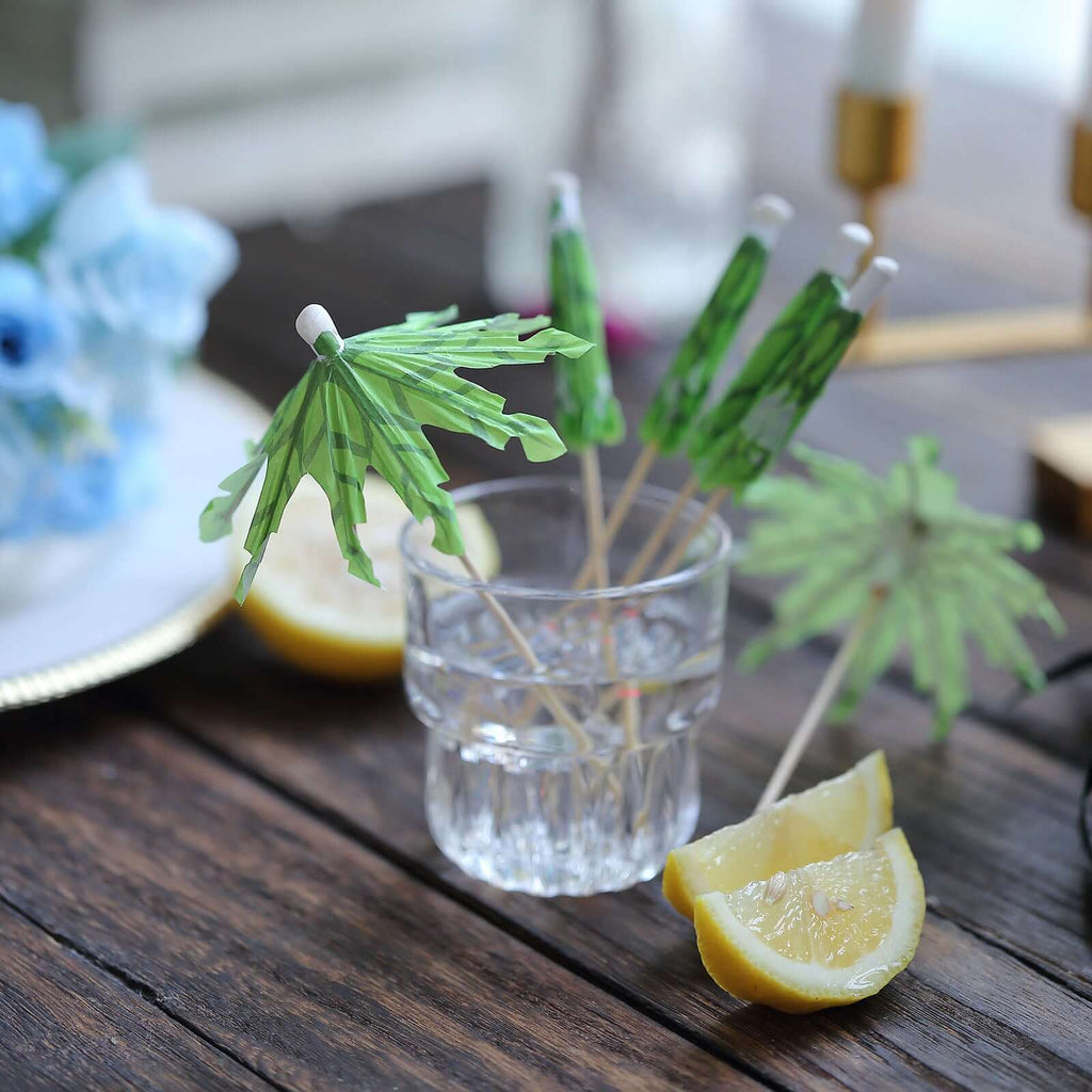 50 - Pack Bamboo Cocktail Picks Tropical Leaf Parasol Design Green - Eco Friendly Disposable Drink Stick 6" - Bell Racket Store