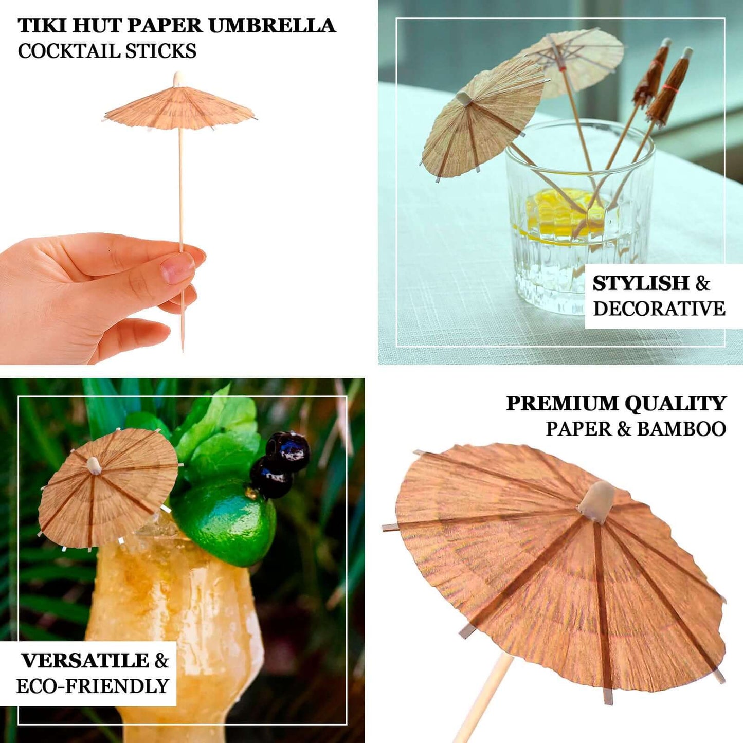 50 - Pack Bamboo Cocktail Sticks Tiki Hut Paper Umbrella Design Eco Friendly Natural - Biodegradable Party Picks 6" - Bell Racket Store