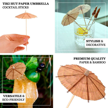 50 - Pack Bamboo Cocktail Sticks Tiki Hut Paper Umbrella Design Eco Friendly Natural - Biodegradable Party Picks 6" - Bell Racket Store