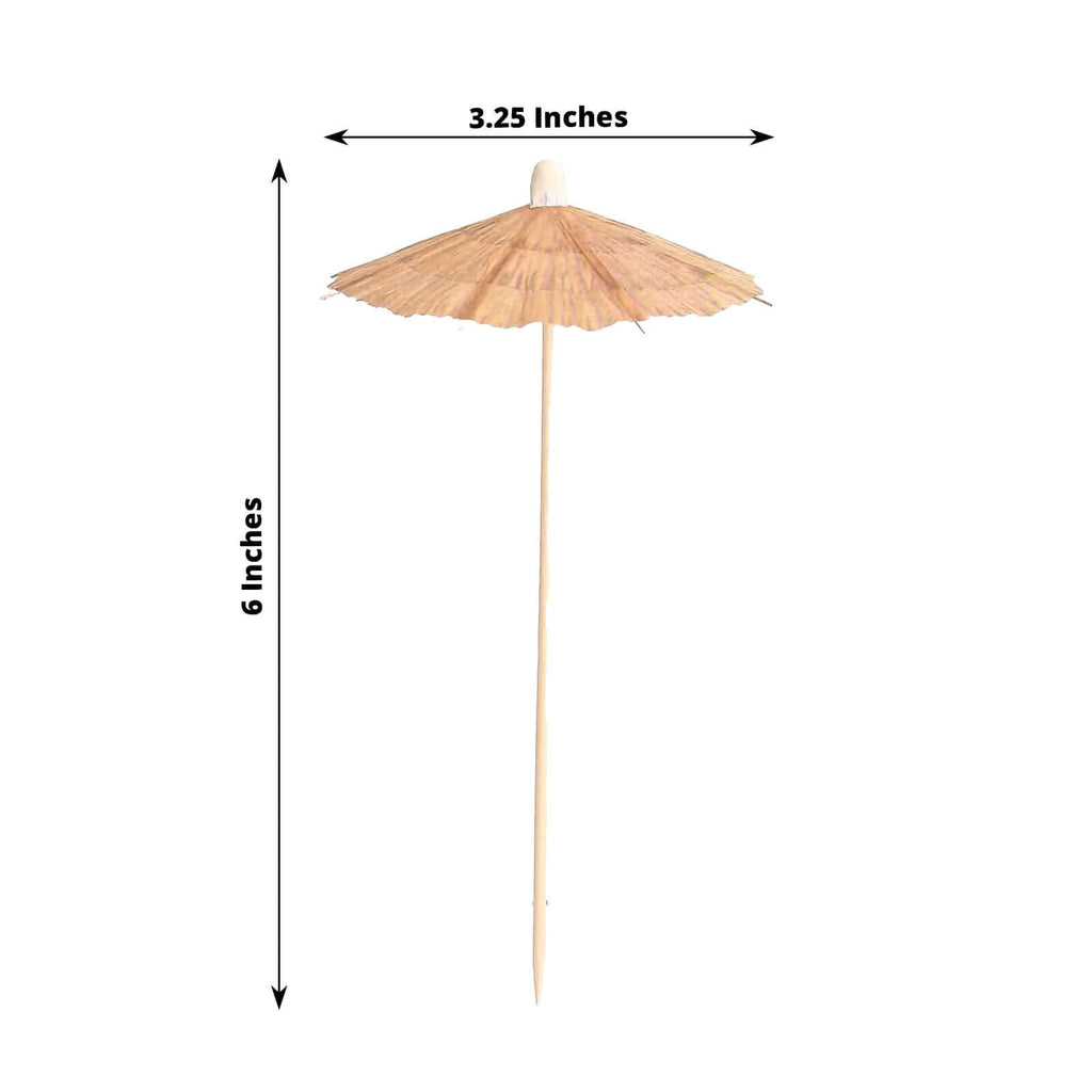 50 - Pack Bamboo Cocktail Sticks Tiki Hut Paper Umbrella Design Eco Friendly Natural - Biodegradable Party Picks 6" - Bell Racket Store