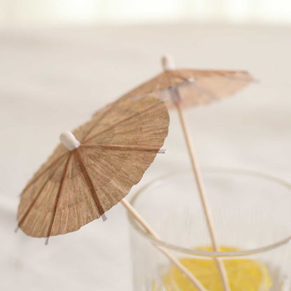 50 - Pack Bamboo Cocktail Sticks Tiki Hut Paper Umbrella Design Eco Friendly Natural - Biodegradable Party Picks 6" - Bell Racket Store