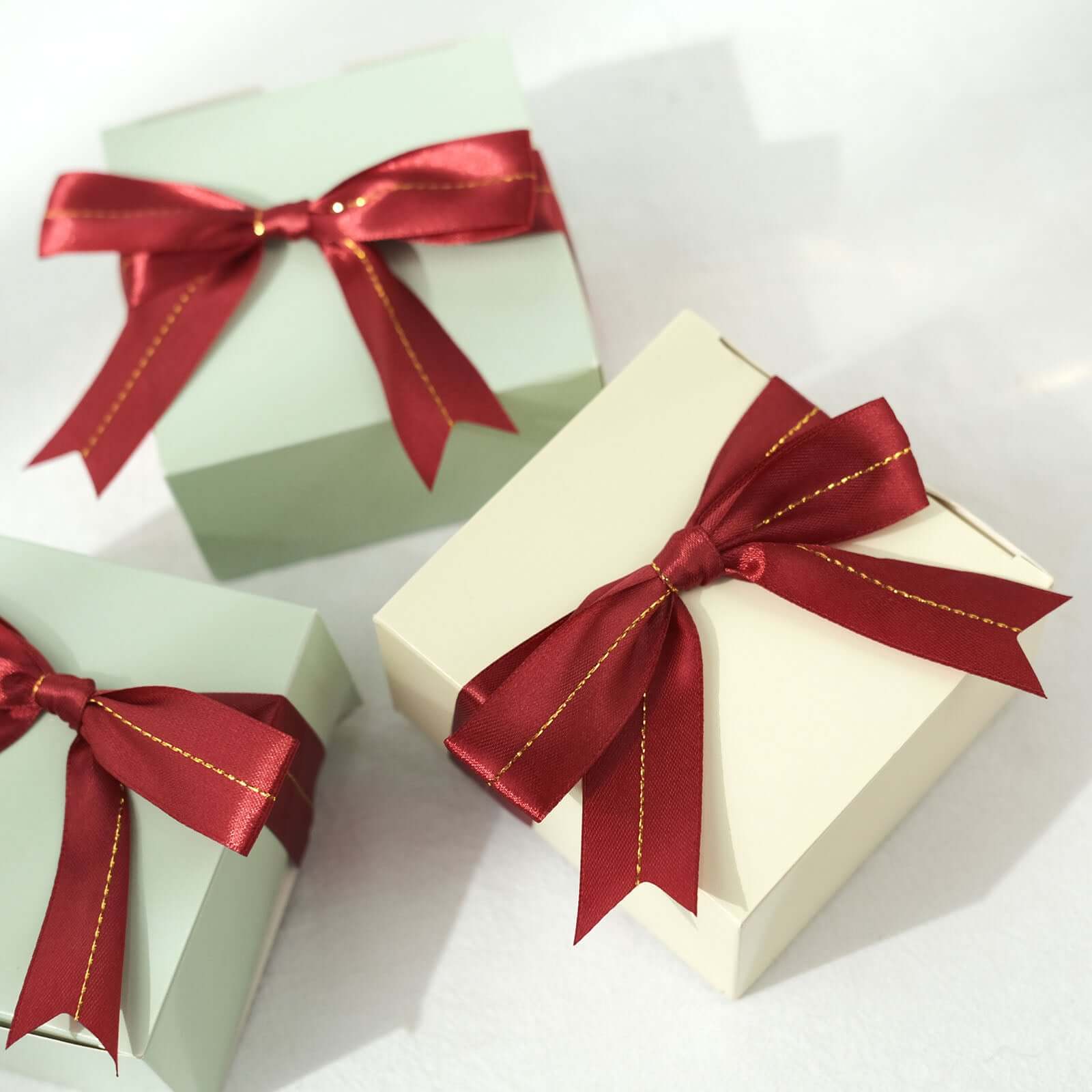 50 Pack Burgundy 10" Pre Tied Satin Ribbon Bows With Gold Foil Lining For Gift Basket and Party Favors Decor - Bell Racket Store