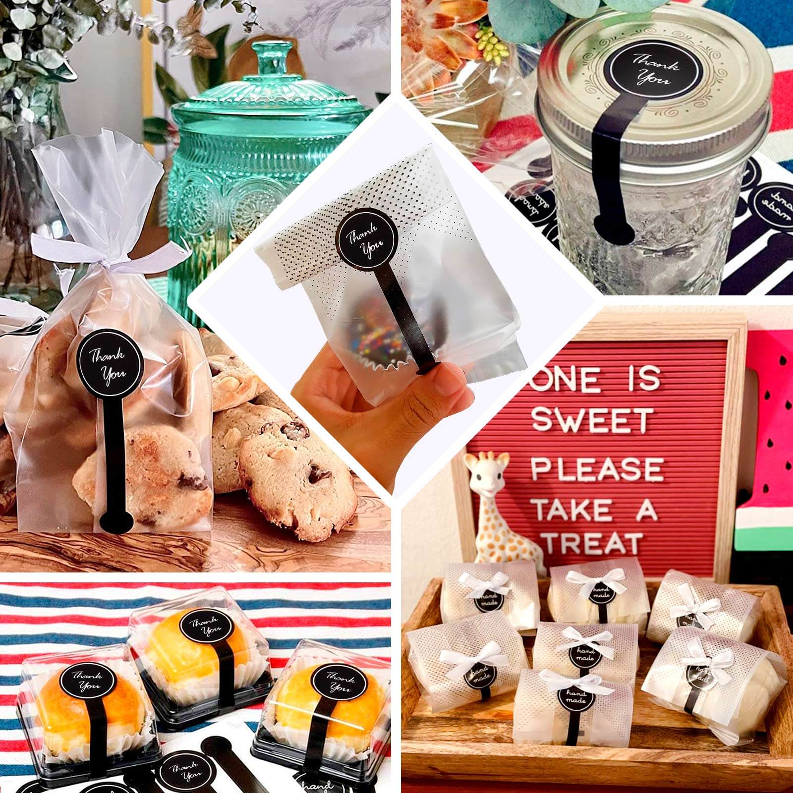50 Pack Clear Black Dotted Plastic Goodie Gift Bags with "Thank You" Paper Stickers, Rectangular Party Favor Candy Treat Bags - 3"x9" - Bell Racket Store