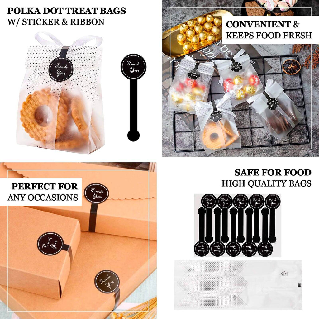 50 Pack Clear Black Dotted Plastic Goodie Gift Bags with "Thank You" Paper Stickers, Rectangular Party Favor Candy Treat Bags - 3"x9" - Bell Racket Store