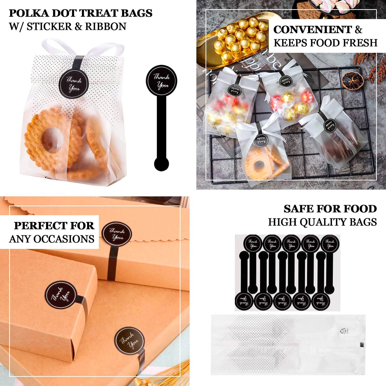 50 Pack Clear Black Dotted Plastic Goodie Gift Bags with "Thank You" Paper Stickers, Rectangular Party Favor Candy Treat Bags - 3"x9" - Bell Racket Store