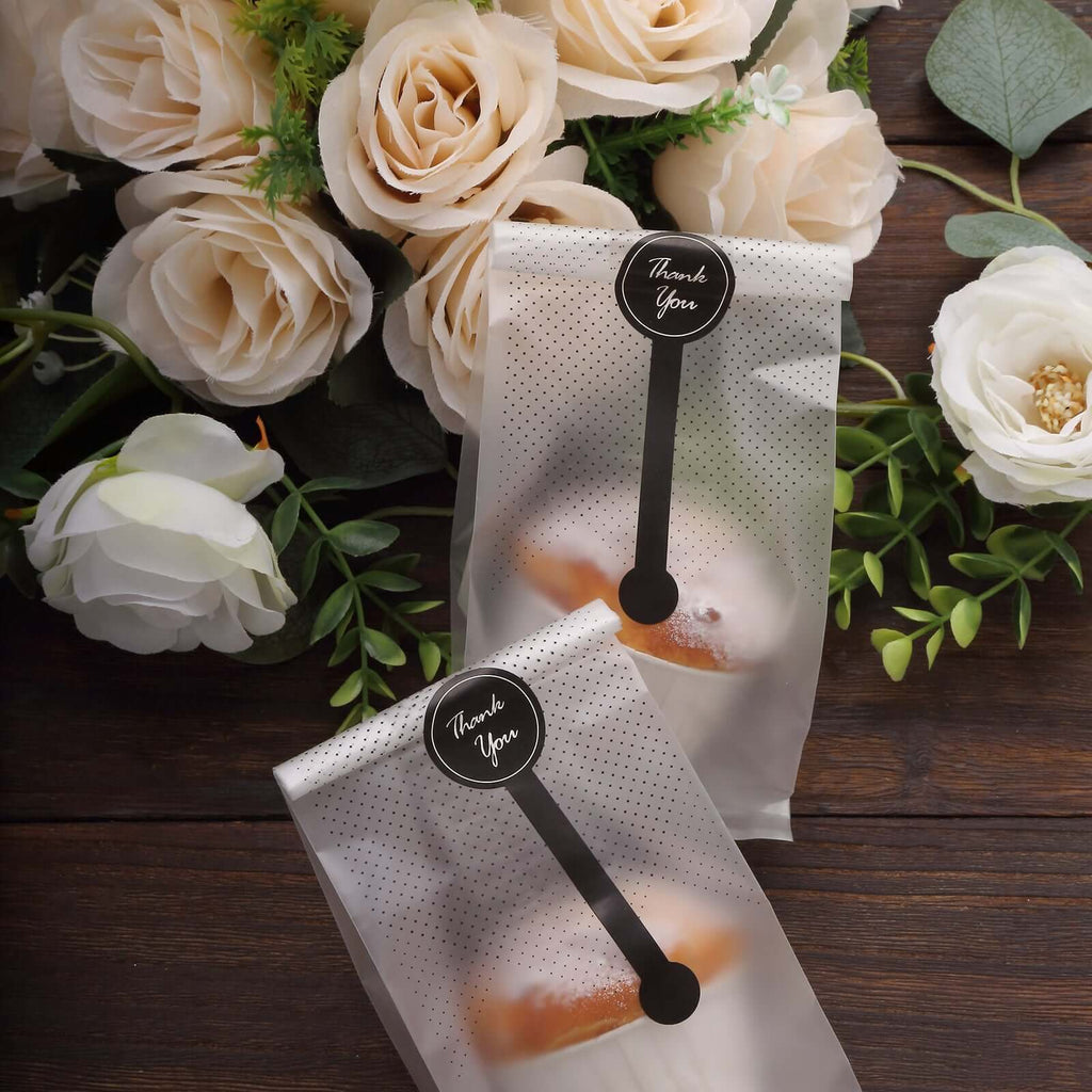 50 Pack Clear Black Dotted Plastic Goodie Gift Bags with "Thank You" Paper Stickers, Rectangular Party Favor Candy Treat Bags - 3"x9" - Bell Racket Store