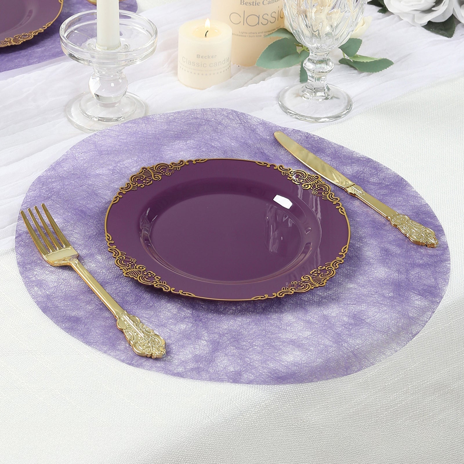 50 Pack Disposable Lavender Lilac Placemats, 13" Non - Woven Mesh Fiber Round Table Mats for Dining & Events - Bell Racket Store