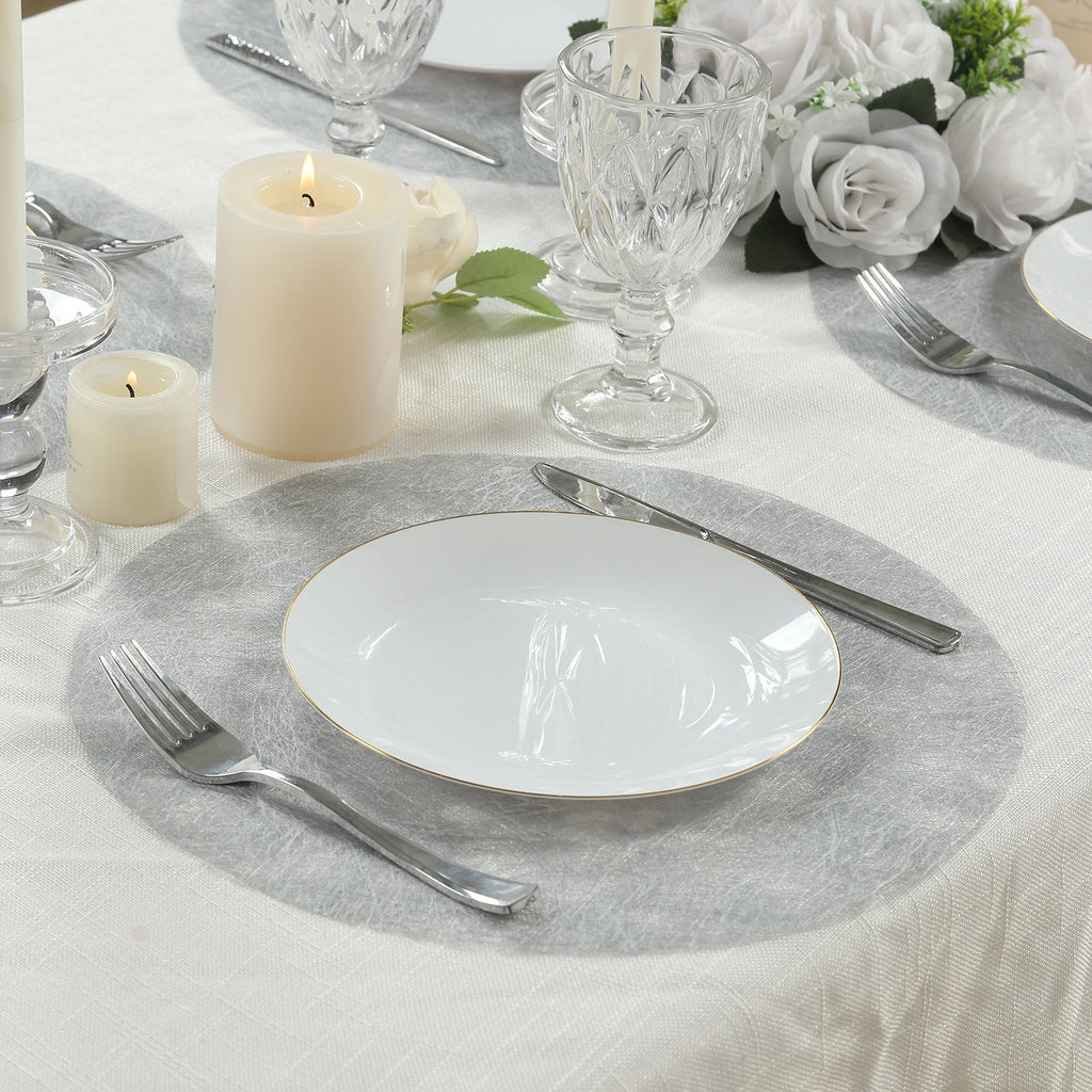 50 Pack Disposable Metallic Silver Placemats, 13" Non - Woven Mesh Fiber Round Table Mats for Dining & Events - Bell Racket Store