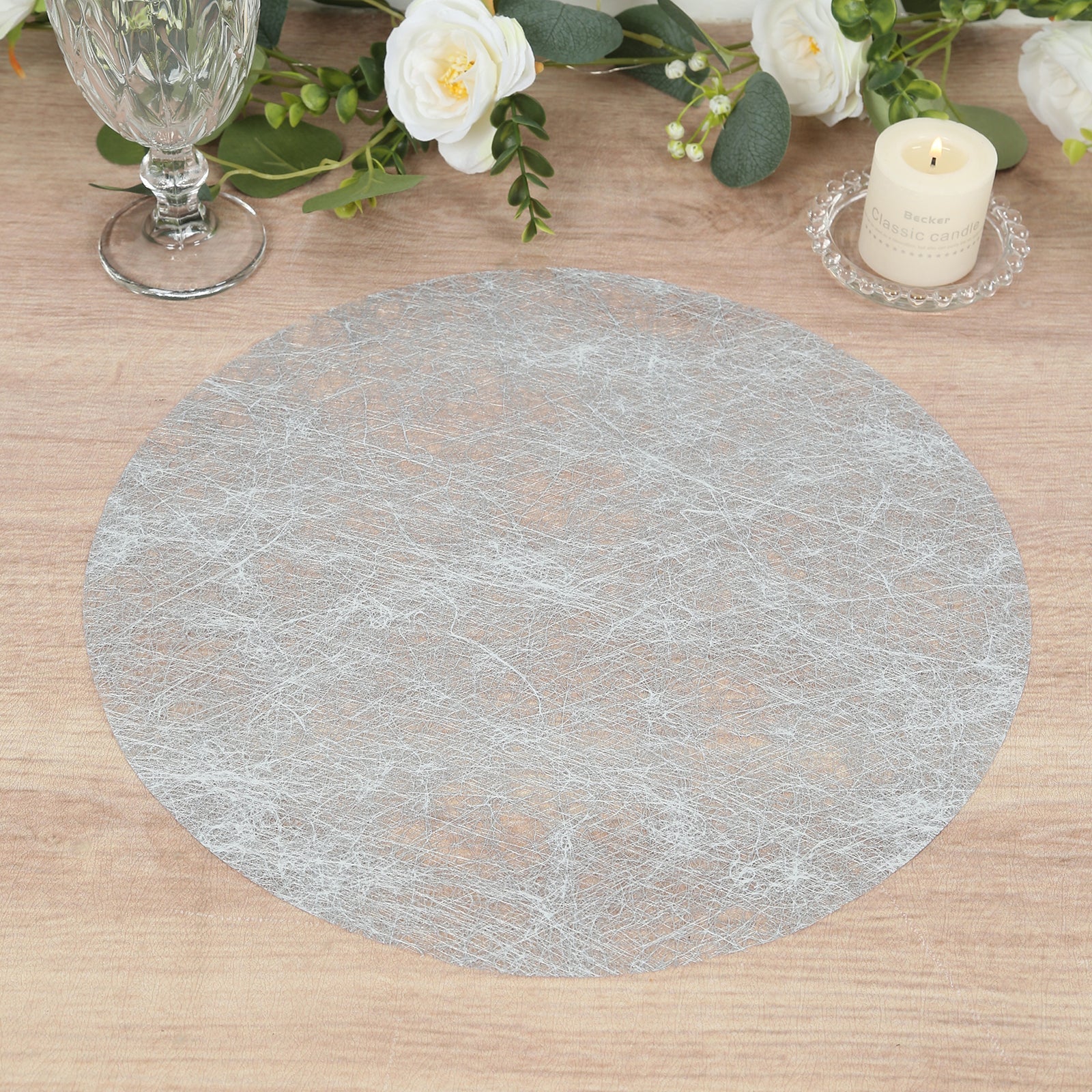 50 Pack Disposable Metallic Silver Placemats, 13" Non - Woven Mesh Fiber Round Table Mats for Dining & Events - Bell Racket Store