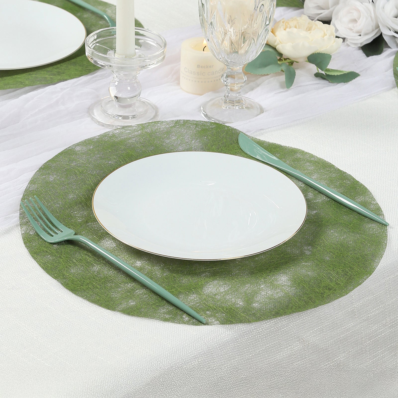 50 Pack Disposable Olive Green Placemats, 13" Non - Woven Mesh Fiber Round Table Mats for Dining & Events - Bell Racket Store