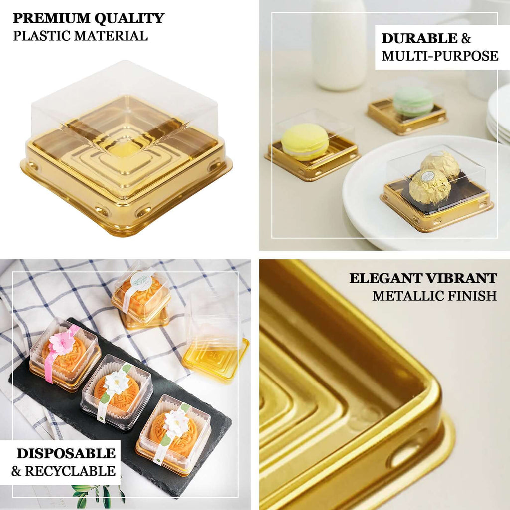 50 - Pack Favor Containers Square Design Gold and Clear - Plastic Party Boxes for Cupcakes and Desserts 3" - Bell Racket Store