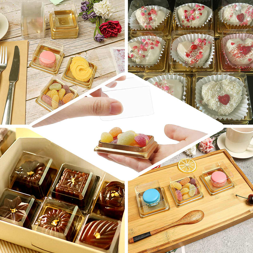 50 - Pack Favor Containers Square Design Gold and Clear - Plastic Party Boxes for Cupcakes and Desserts 3" - Bell Racket Store