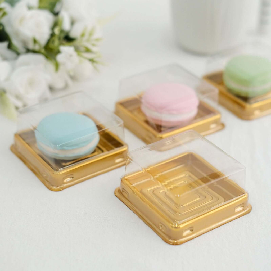 50 - Pack Favor Containers Square Design Gold and Clear - Plastic Party Boxes for Cupcakes and Desserts 3" - Bell Racket Store