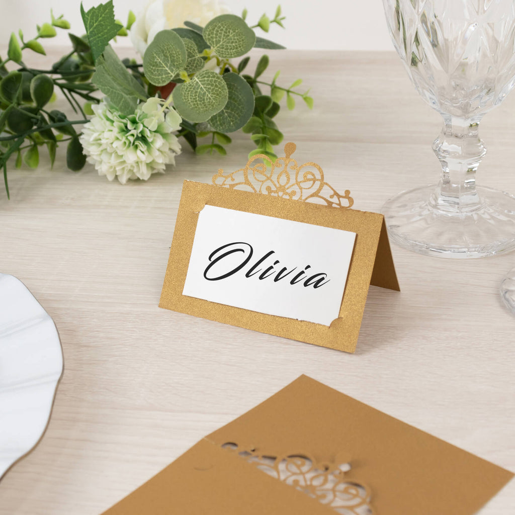 50 - Pack Gold Place Cards with Laser Cut Crown Design â€“ Printable Reservation Seating Self Standing Cards - 2"x4" - Bell Racket Store