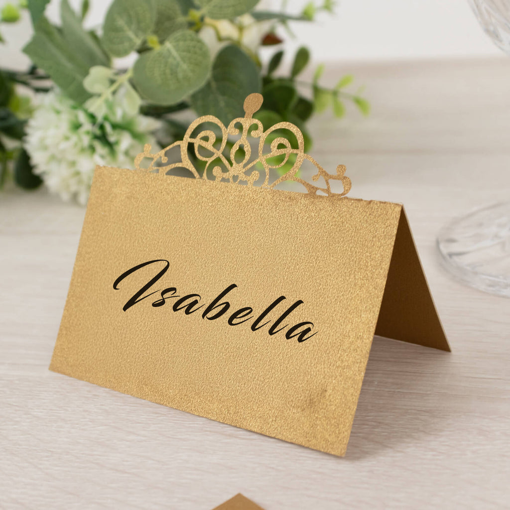 50 - Pack Gold Place Cards with Laser Cut Crown Design â€“ Printable Reservation Seating Self Standing Cards - 2"x4" - Bell Racket Store