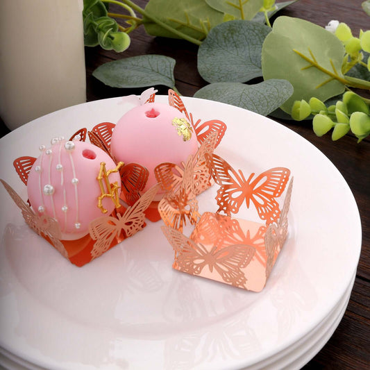 50 - Pack Mini Paper Truffle Cup Liners Butterfly Square Design Metallic Rose Gold - 225GSM Cupcake Tray Wrappers 4" - Bell Racket Store