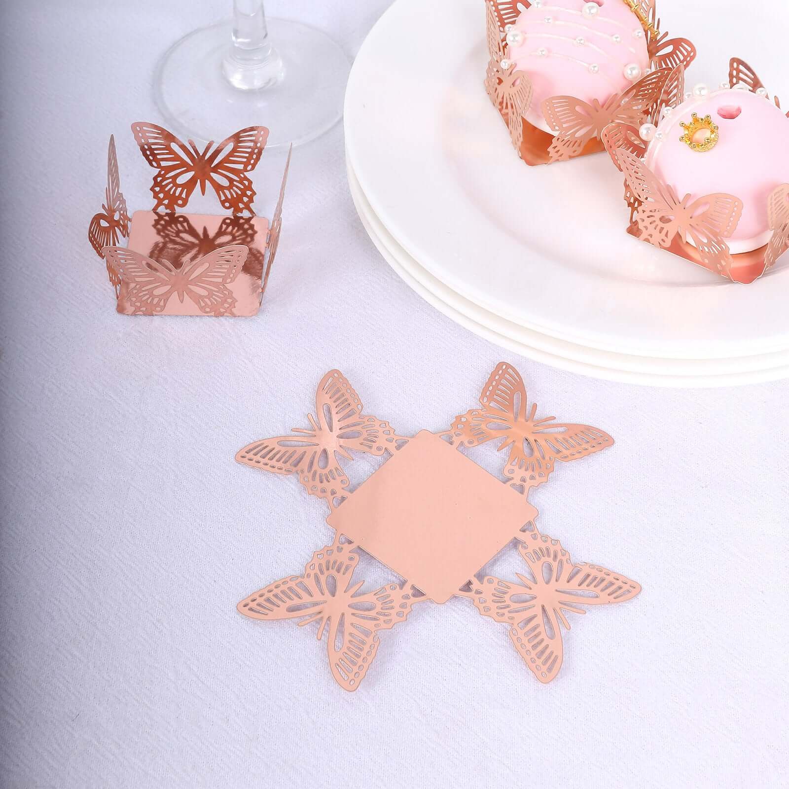 50 - Pack Mini Paper Truffle Cup Liners Butterfly Square Design Metallic Rose Gold - 225GSM Cupcake Tray Wrappers 4" - Bell Racket Store
