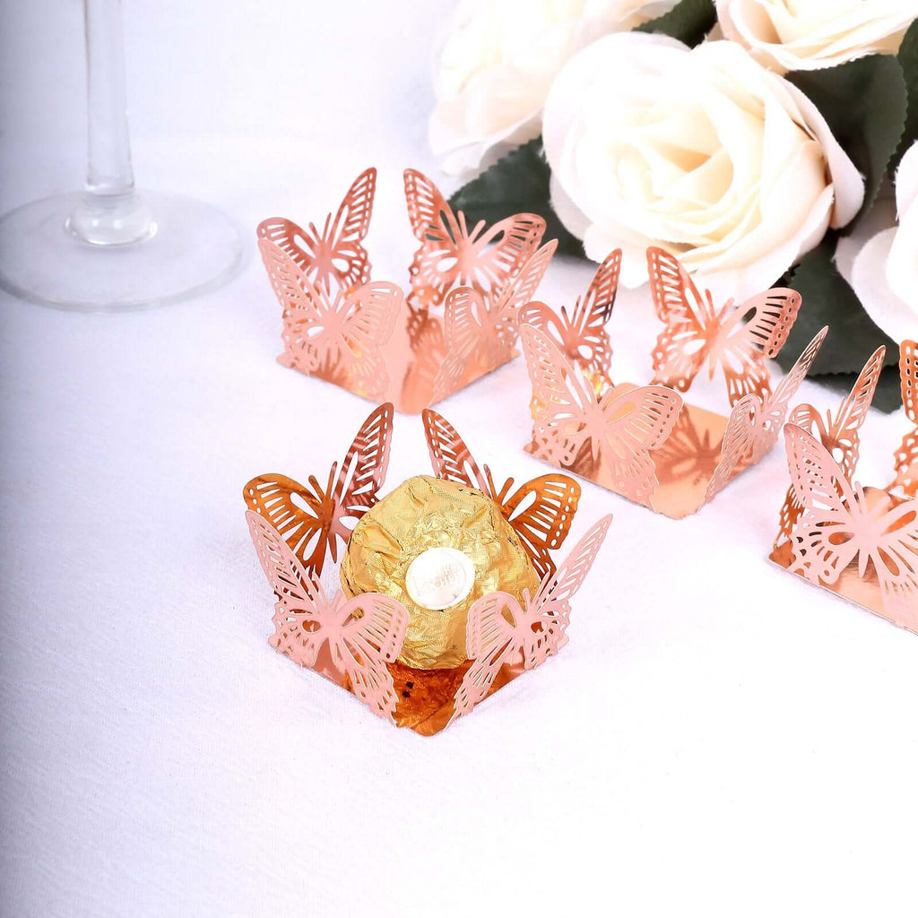50 - Pack Mini Paper Truffle Cup Liners Butterfly Square Design Metallic Rose Gold - 225GSM Cupcake Tray Wrappers 4" - Bell Racket Store